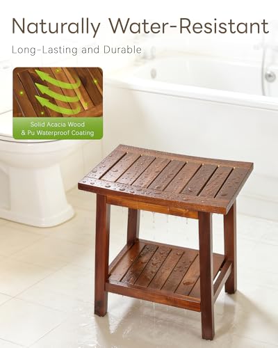 Upolana Teak Shower Bench, 16" Solid Acacia Wood Shower Stool Waterproof Shower Seat with Storage Shelf for Bathroom, Indoor & Outdoor Use