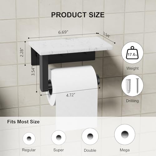 Matte Black Toilet Paper Holder with Marble Shelf Tissue Roll Holder | 304 Stainless Steel Wall Mounted Toilet Paper Roll Holder Screw-Mounted Tissue Holder for Bathroom Washroom by BATHLAVISH - color: Matte Black