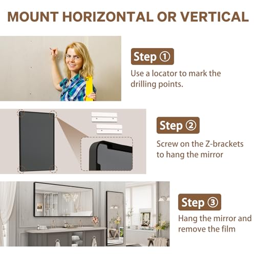 pertetey 72 x 32 in Rounded Rectangle Bathroom Mirror, Black Metal Frame | Black Metal Frame, Rounded Rectangle Design, Tempered Glass, Wall Mounted - size: 72"L x 32"W