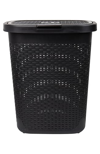 Mind Reader Slim Laundry Hamper with Lid, 50L Clothes Basket, Premium Wicker Design, Plastic, Black - color: Black