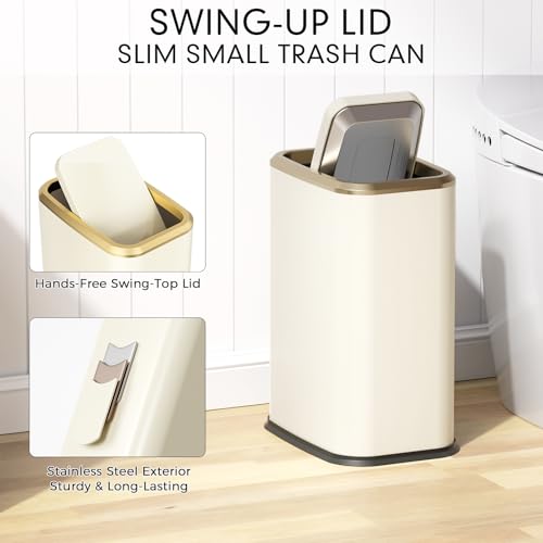 Bathroom Trash Can with Lid 8L/2.1 Gallon Beige Trash Can Small Garbage Can with Swing Top Lid Slim Stainless Steel Garbage Can with 100 Counts Trash Bags for Bathroom Bedroom Kitchen Office Toilet - color: Beige, size: Swing-Lid Trash Can