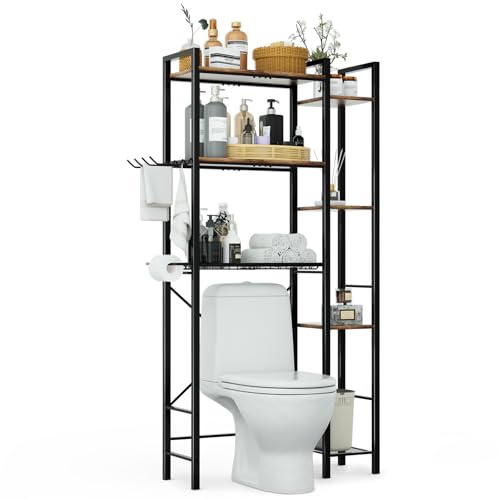 Over The Toilet Storage Cabinet, 3-Tier Bathroom Shelves Over Toilet, Easy Installation with Drain Basket, Side Rack, X Shape Side Guardrail, Freestanding Toilet Rack for Balcony, Laundry