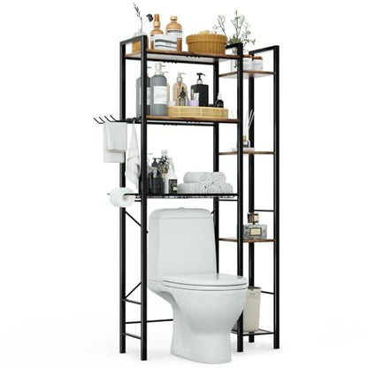 Over The Toilet Storage Cabinet, 3-Tier Bathroom Shelves Over Toilet, Easy Installation with Drain Basket, Side Rack, X Shape Side Guardrail, Freestanding Toilet Rack for Balcony, Laundry