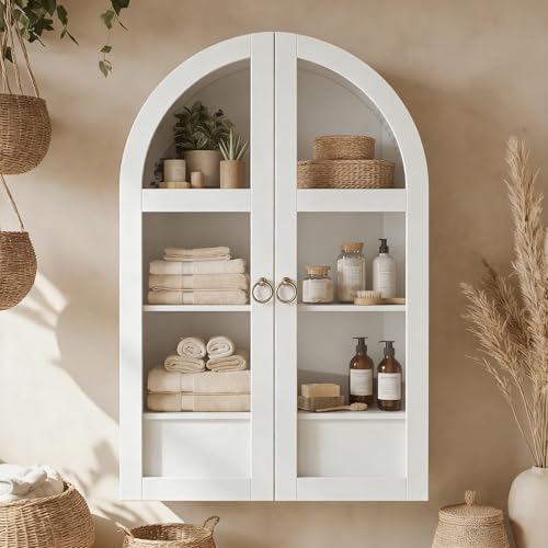 Arched Medicine Cabinet, White Bathroom Wall Cabinet with Tempered Glass Door and Adjustable Shelf for Kitchen, Living Room, Entryway, Laundry Room, Apartment, Office, Small Space - color: White, size: 35 H-Glass
