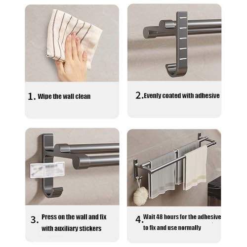 Double Towel Bar with Hooks, Sticky Towel Holder, Bathroom Towel Bar, Rustproof Towel Holder, Sturdy Towel Bar Wall Mounted for Bathroom, Kitchen (40cm) - size: 40cm