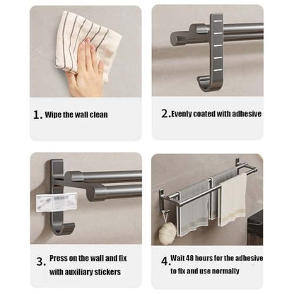 Double Towel Bar with Hooks, Sticky Towel Holder, Bathroom Towel Bar, Rustproof Towel Holder, Sturdy Towel Bar Wall Mounted for Bathroom, Kitchen (40cm) - size: 40cm
