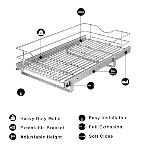 Pull Out Cabinet Organizer, (20½"W x 20" D), Soft Close Pull Out Cabient Drawer, Slide Out Cabient Organizer for pot and pan Kitchen Base Cabinet, Pantry Organization, Bathroom, Wire Basket - size: 1 Tier(20½"W x 20"D)