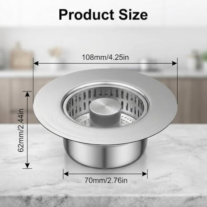 Kitchen Sink Drain Strainer and Stopper Combo, 304 Stainless Steel, 4.25 Inch, Detachable Basket, 2 Pack
