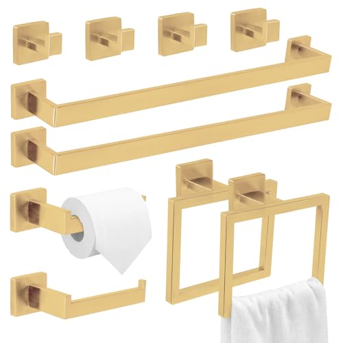 10 Pcs Gold Bathroom Hardware Accessories Set 23.6 Inch Wall Mounted | Bath Towel Bar Kit with Square Towel Racks Ring and Towel Hooks, Paper Holder, 304 Stainless Steel - color: Gold