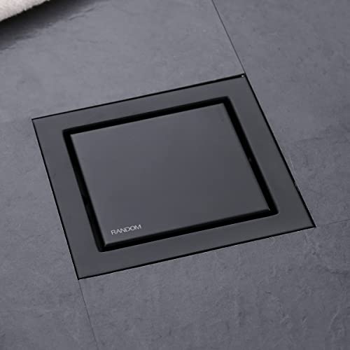 RANDOM Black Shower Drain Square with Removable Tile Insert 6 Inch Drain Cover and Hair Strainer,SUS 304 Stainless Steel Matte Black Shower Floor Drain - color: D-matte Black-6″ Square