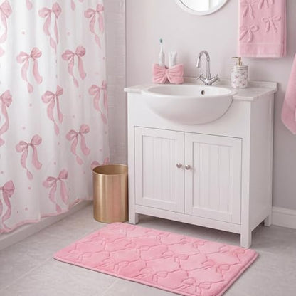 Tinideya Pink Bow Pink Memory Foam Bath Mat 24''x16'' Bow Bathroom Rug Cute Coquette Bathroom Decor Soft Absorbent Non Slip Aesthetic Bath Carpet for Bathtub Shower Floor Bedroom Living Room