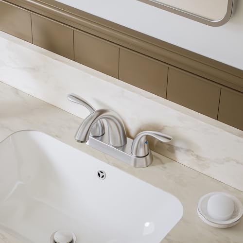 Centerset 4 Inch Brushed Nickel 2 or 3 Holes Stainless Steel Bathroom Sink Faucet, 2 Handle Bathroom Faucet with Copper Pop Up Drain and Water Supply Lines, BF008-5-BN - color: Brushed Nickel, style: 1 Pack