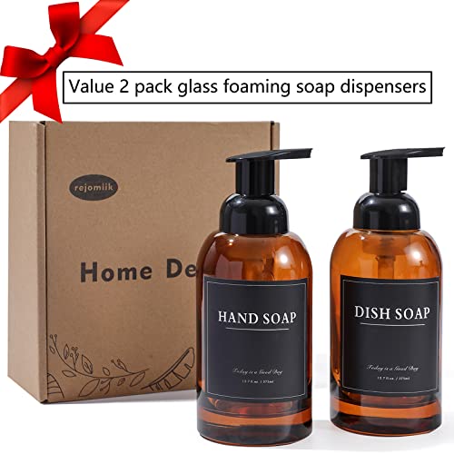 2 Pack Foaming Soap Dispenser, 12.7 Oz Thick Glass Pump, Amber | Refillable Foam Soap Bottles for Hand Soap and Body Wash, Ideal for Bathroom Countertop, Kitchen Sink and More - color: Amber