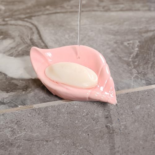 Sea-Shell Soap Holder, Ceramic Soap Tray with Self Draining, Soap Tray for Sink Washroom Bathroom Shower, Small Cute and Elegant Holder with Glaze, Easy Cleaning (Pink) - color: Pink