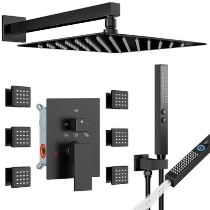 Matte Black Shower System with Body Jets, STARBATH 12 Inch Rainfall Shower and Handheld Spray, Wall Mounted Full Body Shower System Rough-in Mixer Pressure Balance Valve Shower Faucet Set Complete - color: Matte Black, size: 12"-03