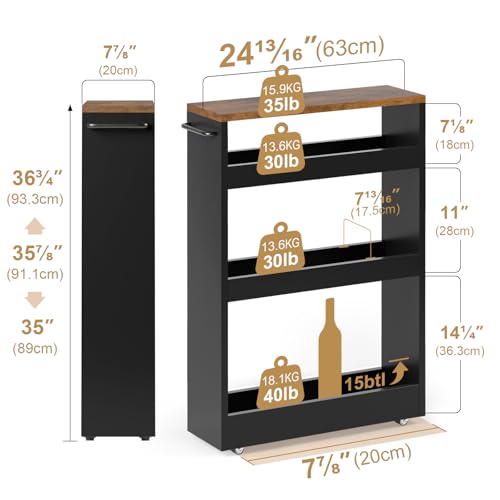 TEAMIX Wood 4-Tier Slim Rolling Storage Cart, 7.9"W, 24.8"D, 36.7"H, Black | Height Adjustable, 360°Swivel Wheels, Deeper & Taller, Use as Narrow Kitchen Cart, Laundry Organizer Between Washer & Dryer - color: Black