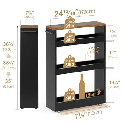 TEAMIX Wood 4-Tier Slim Rolling Storage Cart, 7.9"W, 24.8"D, 36.7"H, Black | Height Adjustable, 360°Swivel Wheels, Deeper & Taller, Use as Narrow Kitchen Cart, Laundry Organizer Between Washer & Dryer - color: Black