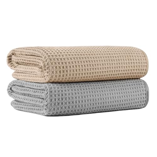 MICROFI New Microfiber Waffle Bath Towels, 2 Pieces, Soft, Absorbent, Fast Drying, Lint Free 430 GSM (30''x60''/76cm x 152cm) - color: Beige+silver