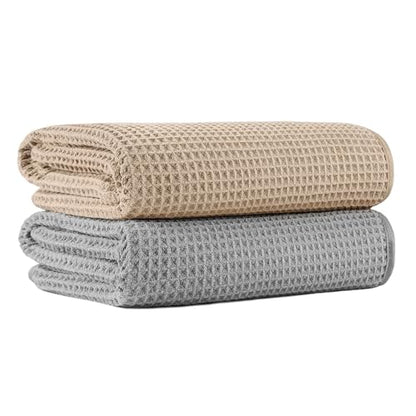 MICROFI New Microfiber Waffle Bath Towels, 2 Pieces, Soft, Absorbent, Fast Drying, Lint Free 430 GSM (30''x60''/76cm x 152cm) - color: Beige+silver