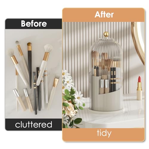 YOOLENS Makeup Brush Holder with Lid 360 Rotating Clear Dustproof Make Up Organizers for Vanity Bathroom Countertop, Transparent | with Lid - color: Transparent