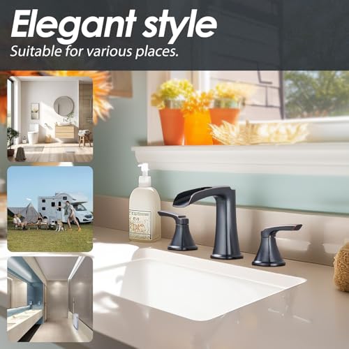 Oil Rubbed Bronze Waterfall Bathroom Faucet, Sanliv 3-Piece Widespread Bathroom Sink Faucets, 2-Handle Bronze Vanity Faucet for 3-Hole Sinks 4-8 Inch with Pop-Up Drain (ORB) - color: Oil Rubbed Bronze