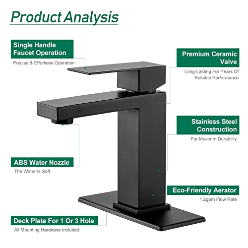 VOTON Bathroom Faucet Matte Black Bathroom Faucet 1 Hole, Stainless Steel Vanity Faucet for Bathroom Sink with Deck Plate Water Supply Hoses - color: B-Matte Black, style: Without Drain