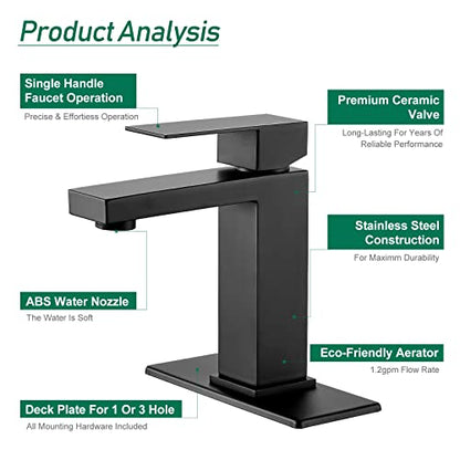VOTON Bathroom Faucet Matte Black Bathroom Faucet 1 Hole, Stainless Steel Vanity Faucet for Bathroom Sink with Deck Plate Water Supply Hoses - color: B-Matte Black, style: Without Drain