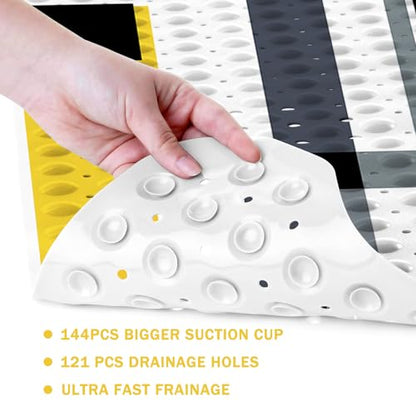 Yellow Black Bath Tub Mat Non Slip, Modern Geometric Large Washable Shower Mats with Drain Holes and Suction Cups,40 X 16 Inch - color: Yellow Black