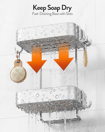 Orimade Aluminum 2 Tier Soap Holder for Shower – Wall Mounted Rustproof Soap Dish with Hooks, No Drilling Adhesive Soap Rack for Bathroom, Kitchen, RV – Quick Draining & Space Saving (Silver)