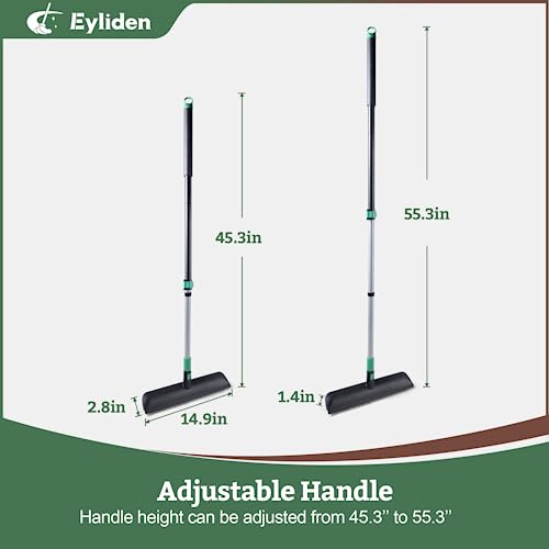 Eyliden Scrub Brush with Squeegee, Floor Deck Tile Bath Cleaning Scrubber | 15-inch Wide, 45° Angle 2-in-1 Stiff Bristles & Rubber Head, 55" Telescoping Long Handle, for Shower Kitchen Patio Garage