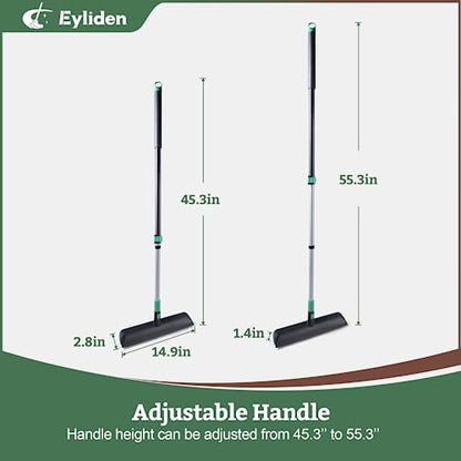 Eyliden Scrub Brush with Squeegee, Floor Deck Tile Bath Cleaning Scrubber | 15-inch Wide, 45° Angle 2-in-1 Stiff Bristles & Rubber Head, 55" Telescoping Long Handle, for Shower Kitchen Patio Garage