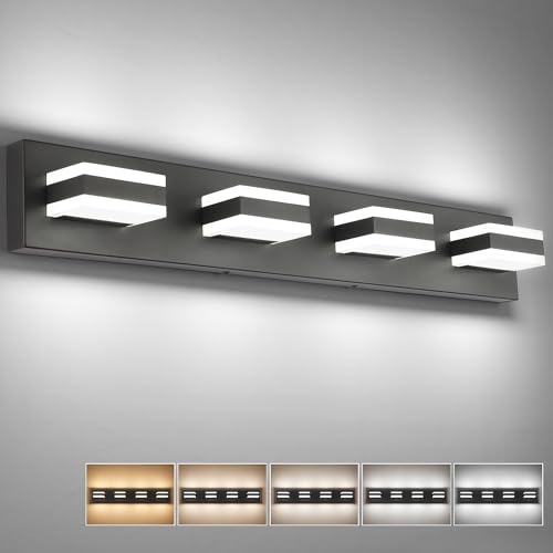 SOLFART 4 Lights Bathroom Vanity Lighting Over Mirror,5 Color Temperature Adjustable Matt Black Vanity Light, LED Light Fixtures, Light Over Mirror ETL Listed - color: Matt Black-5 Color Adjustable & 100%-0% Dimmable Brightness, size: 4- Light,30Inch