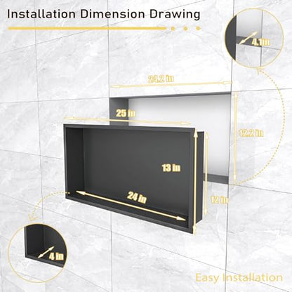 Shower Niche 24"x12"，No Tile Needed，Stainless Steel Niche Bathroom for Shower Wall，Matte Black （ 24 x 12 in） - color: Black, size: 12 * 24 in