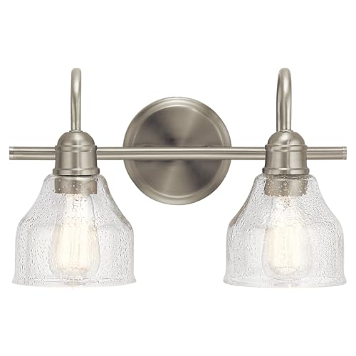Kichler Avery 14.75" 2 Light Bathroom Vanity Light in Brushed Nickel, Vintage Bathroom Wall Mount Fixture with Clear Seeded Glass, (14.75" W x 9.25" H), 45972NI - color: Brushed Nickel, size: 2-Light