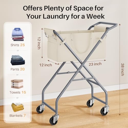 No-Bend Laundry Cart- Rolling Hamper with Locking Wheels & Handle, Foldable Basket Screw-Free Assembly, Durable Metal Frame & Removable Liner Bag for Bedroom & Bathroom (Beige) - color: Beige