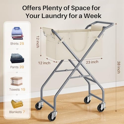 No-Bend Laundry Cart- Rolling Hamper with Locking Wheels & Handle, Foldable Basket Screw-Free Assembly, Durable Metal Frame & Removable Liner Bag for Bedroom & Bathroom (Beige) - color: Beige
