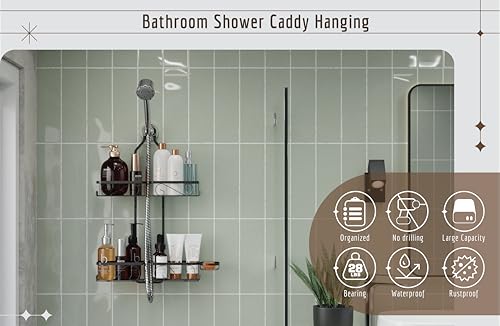 Adjustable Shower Caddy Hanging Rustproof Shower Caddy for Handheld Showerheads, Shower Organizer with Hooks Soap Holder Toothbrush Holder, Anti-Swing Shower Rack Bathroom Accessories, Black (Black)
