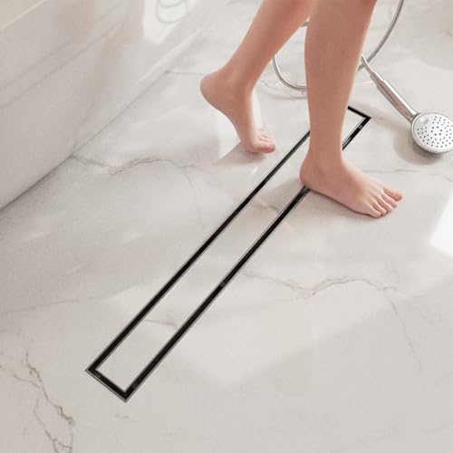 Neodrain 24" Brushed Linear Shower Drain,2-in-1 Flat& Tile Insert Cover | 304 Stainless Steel,Fast Drainage, Durable,Rectangle Shower Floor Drain with Adjustable Feet,Hair Strainer,Fits Bathrooms - color: Stainless Steel, size: 24 In