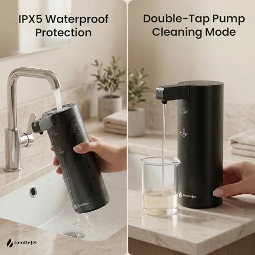 GentleJet SmoothDrop Automatic Liquid Soap Dispenser Touchless, No-Drip Precision Pump, USB-C Rechargeable, 304 Stainless Steel, Waterproof Countertop Dispenser for Kitchen & Bathroom Sink, 270 ml - color: Black