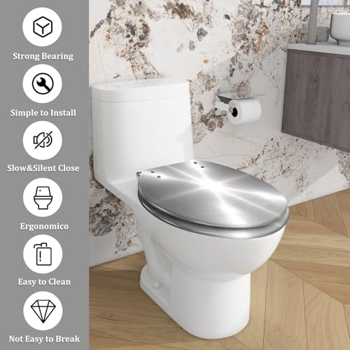 Elongated Toilet Seat Silver Brushed metal Resin Toilet Seat Quietly Close Quick Release Hinges with Cover Bumpers Decorative Easy to Install Clean