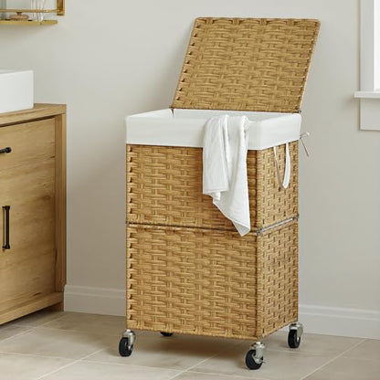 Chrislley Wicker Laundry Basket with Wheels,Rolling Laundry Hamper with Lid | 90L Slim Clothes Hamper with Wheels & Removable Liner Bag, Handwoven Rattan Laundry Organizer for Bedroom, Bathroom, Yellow - color: Yellow