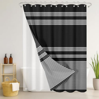 3 in 1 Shower Curtain and Liner,72 x 72 inch, Geometric Striped | Beige Brown Coffee Modern Double Layers Waterproof Fabric with See Through Top Window Open Grommet Bath Curtain - color: Striped Geometric Black