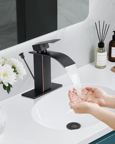 ORB Waterfall Bathroom Faucet Single Handle with Lift Rod Drain | Bathroom Sink Faucet,Stainless Steel,supply hoses Deck included,1 or 3 Hole,Fits home,RV,farmhouse bathrooms - color: A-Oil Rubbed Bronze, style: with Lift Rod Drain