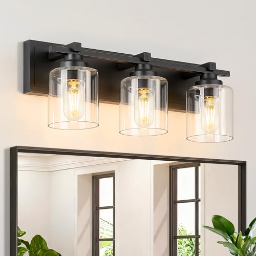 Modern Bathroom Light Fixtures Over Mirror, Vanity Lights for Bathroom Wall Sconces with Clear Glass Shades, E26 Socket (Bulbs Not Included), 3 Light, Black - color: Black - Clear Glass Shades, size: 3-Lights