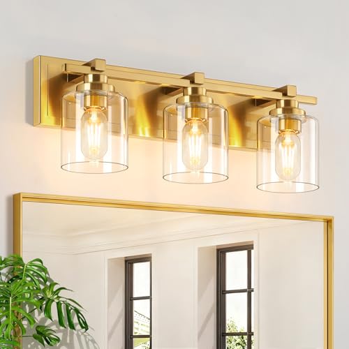 Modern Bathroom Light Fixtures Over Mirror, Vanity Lights for Bathroom Wall Sconces with Clear Glass Shades, E26 Socket (Bulbs Not Included), 3 Light, Brass - color: Brass - Clear Glass Shades, size: 3-Lights