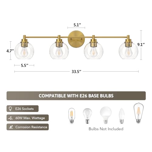 VONLUCE 4 Light Bathroom Vanity Light Fixtures, Gold Finish | Globe Glass Shades, E26 Sockets, Easy to install, Vanity Lights for Bedroom Hallway Living Room - color: Gold, size: 4-Light