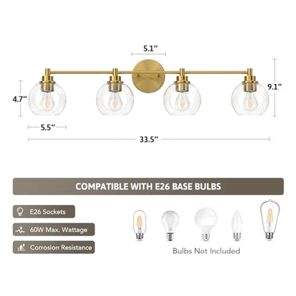 VONLUCE 4 Light Bathroom Vanity Light Fixtures, Gold Finish | Globe Glass Shades, E26 Sockets, Easy to install, Vanity Lights for Bedroom Hallway Living Room - color: Gold, size: 4-Light