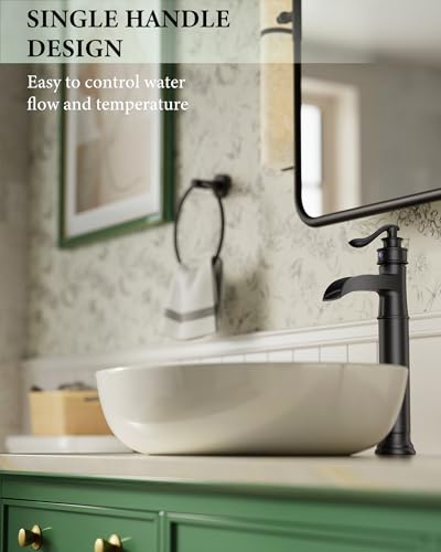 Matte Black Vessel Sink Faucets Waterfall Bathroom Faucet Single Handle | 1 Hole Brass for Lavatory Farmhouse with Pop Up Drain Mixer Tap Without Overflow Supply Line by Homevacious - color: Matte Black
