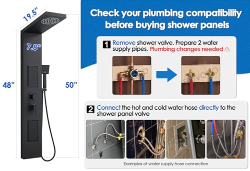 ROVOGO Shower Panel Tower System with LED Lights, 5 Shower Modes, 50 Inch | Rainfall Mist Shower Head, Body Jets, Handheld & Tub Spout, Stainless Steel Shower Column, Brass Mixing Valves, Matte Black - style: 50" Black