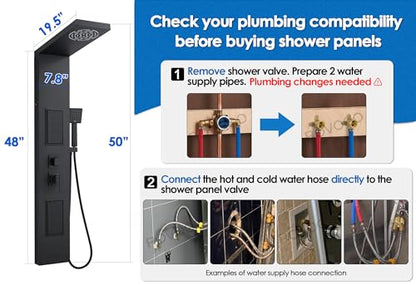ROVOGO Shower Panel Tower System with LED Lights, 5 Shower Modes, 50 Inch | Rainfall Mist Shower Head, Body Jets, Handheld & Tub Spout, Stainless Steel Shower Column, Brass Mixing Valves, Matte Black - style: 50" Black